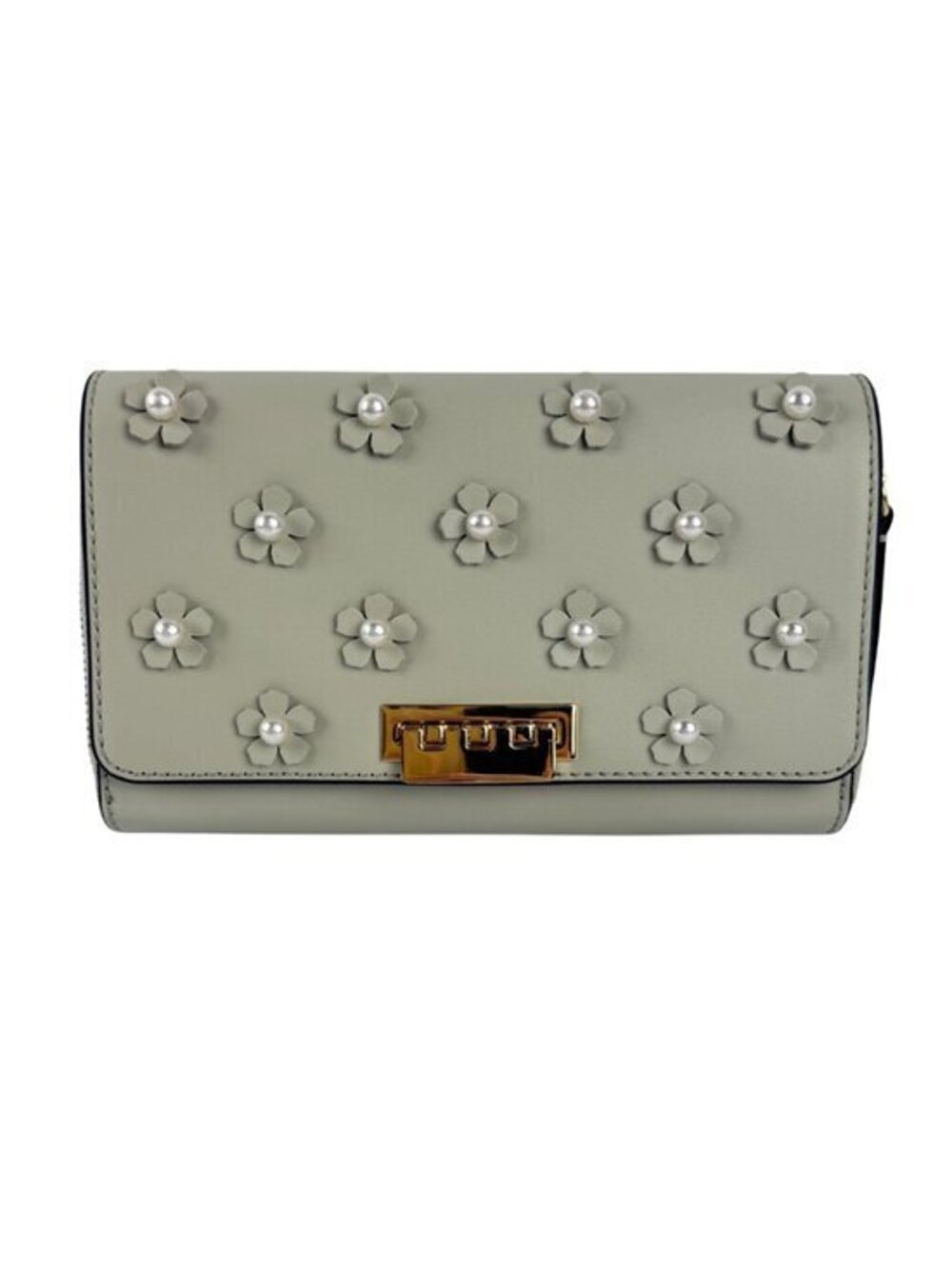 ZAC Zac Posen Earthette Dove Gray Floral Applique Leather Crossbody Wallet